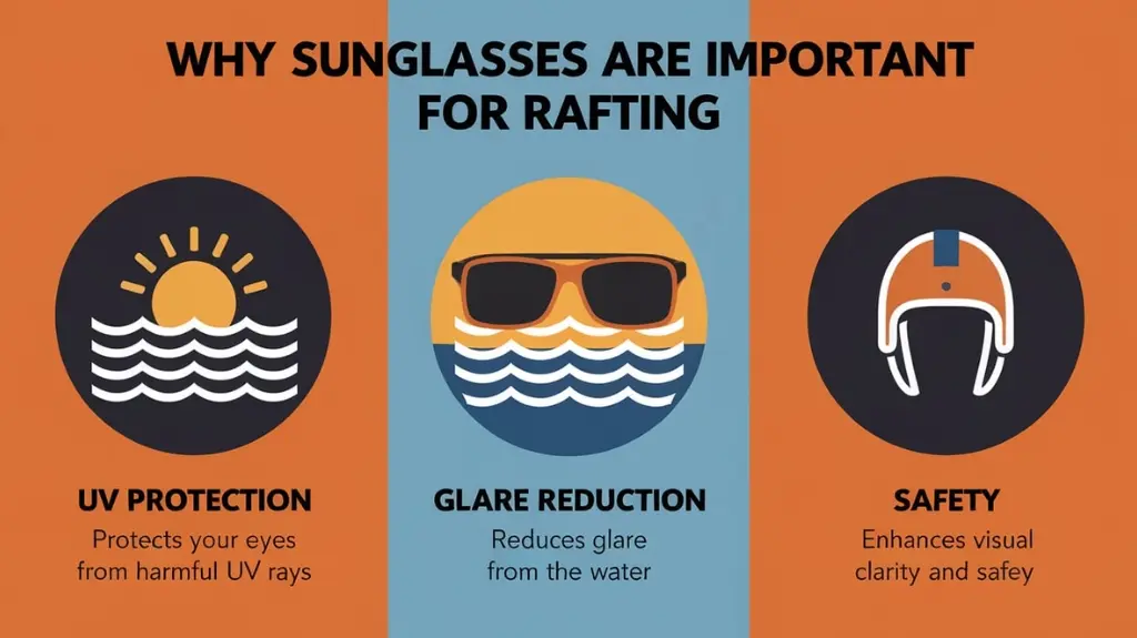 Infographic illustrating the importance of sunglasses for rafting, highlighting UV protection, glare reduction, and safety benefits.