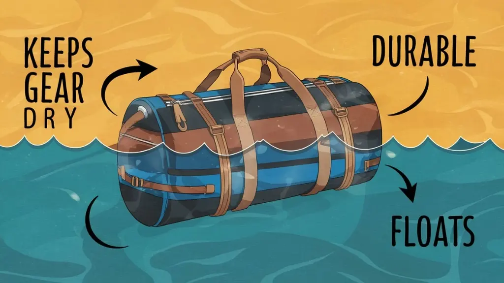 Infographic displaying benefits of waterproof rafting bags, including durability, floating, and water resistance for gear protection.