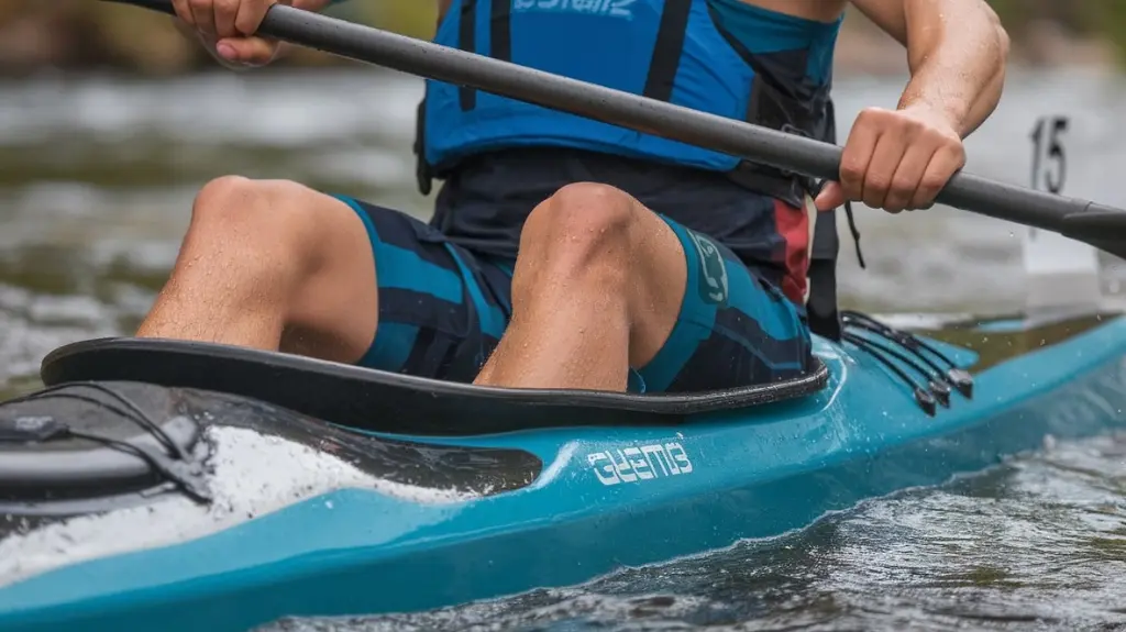 A kayaker wearing professional kayaking shorts on a river, highlighting the features that enhance performance during rafting.