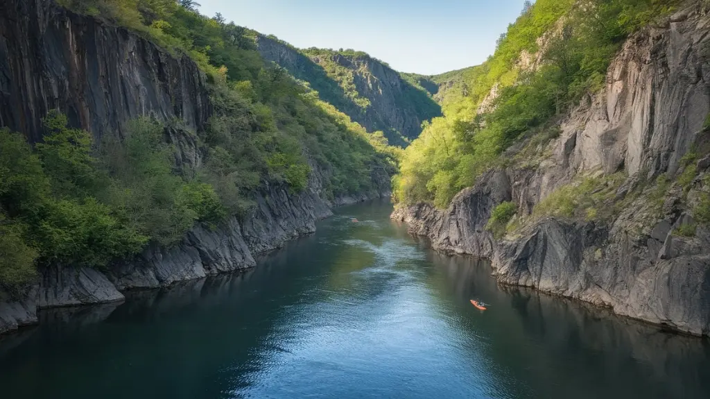 Aerial view of flat water kayaking sections in the New River Gorge, highlighting the peaceful river and surrounding cliffs.