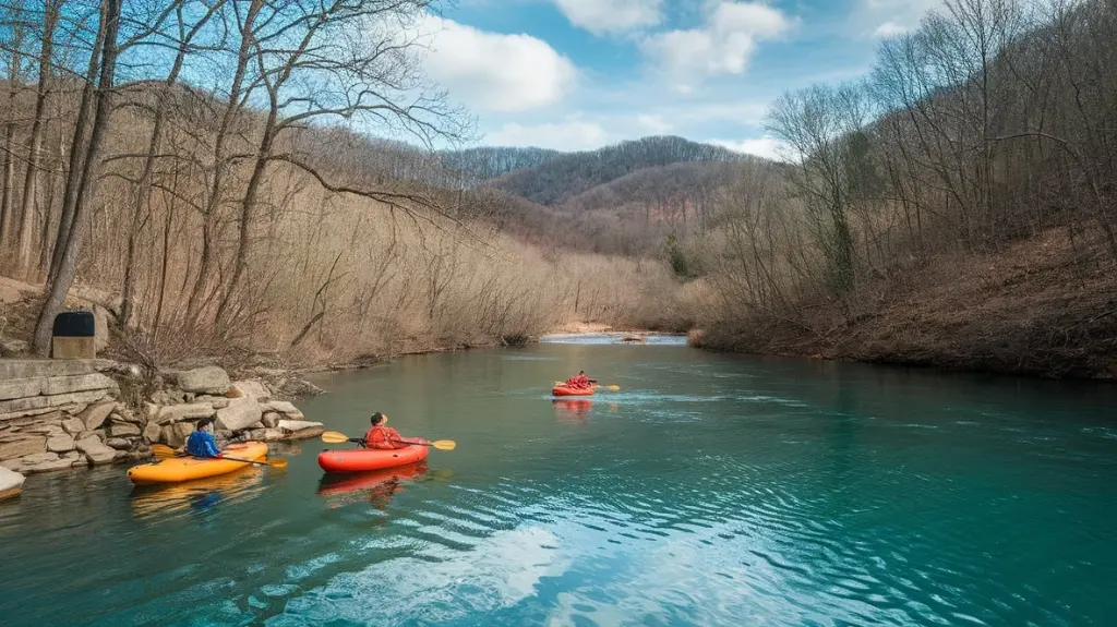 Scenic view of the Pigeon Forge river with kayakers and rafts, highlighting the perfect start to a rafting adventure.