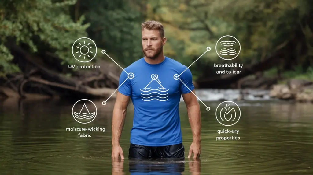 Infographic highlighting key features of canoeing t-shirts, including UV protection, breathability, and moisture management.