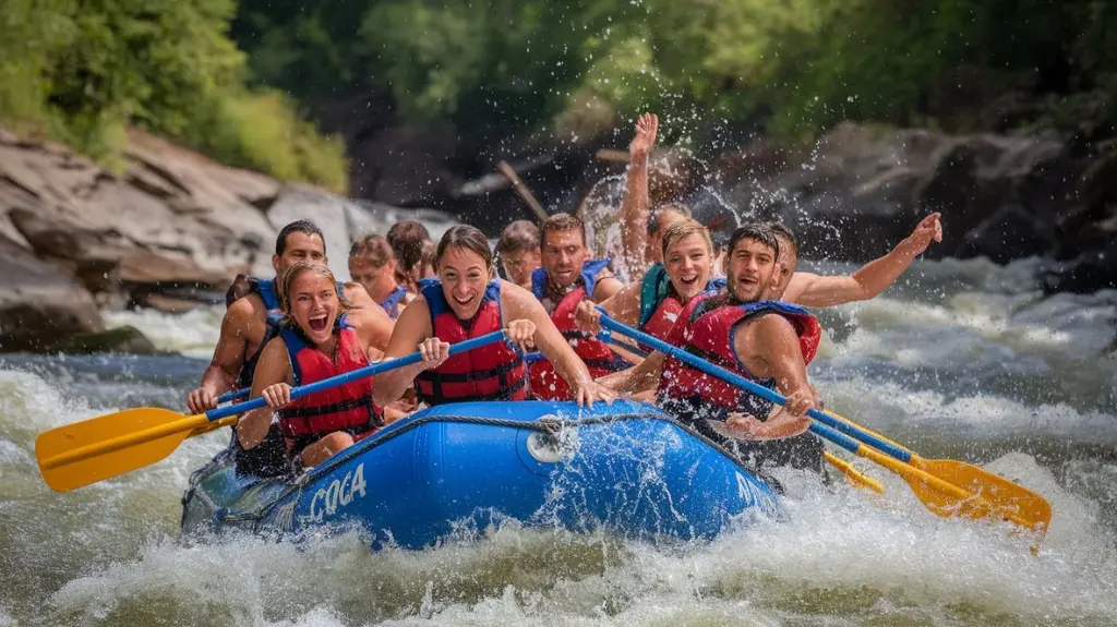 Group of rafters paddling through intense rapids on the Ocoee River, showcasing the excitement of America's favorite whitewater rafting spot.