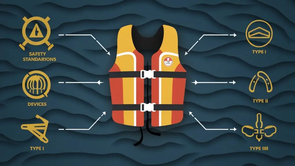 Infographic explaining PFD classifications and safety standards for rafting life vests.