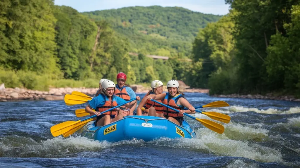 Group of people whitewater rafting in the Pocono Mountains during summer, wearing safety gear and enjoying the adventure.