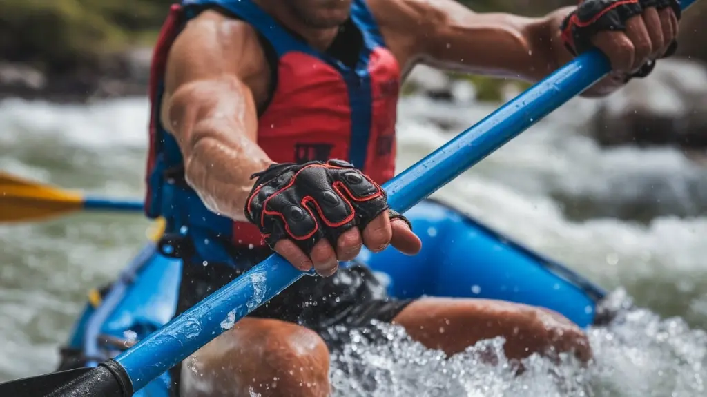 Rafter wearing canoeing gloves while paddling through rapids, illustrating their vital role in rafting safety and performance.