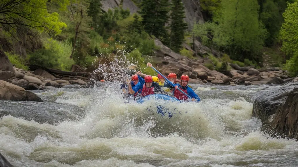 Group of rafters paddling through challenging whitewater in Tennessee