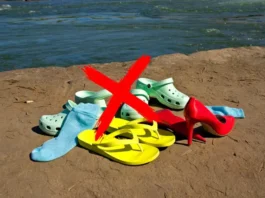 Collection of unsuitable footwear like flip-flops and Crocs marked as wrong choices for whitewater rafting.