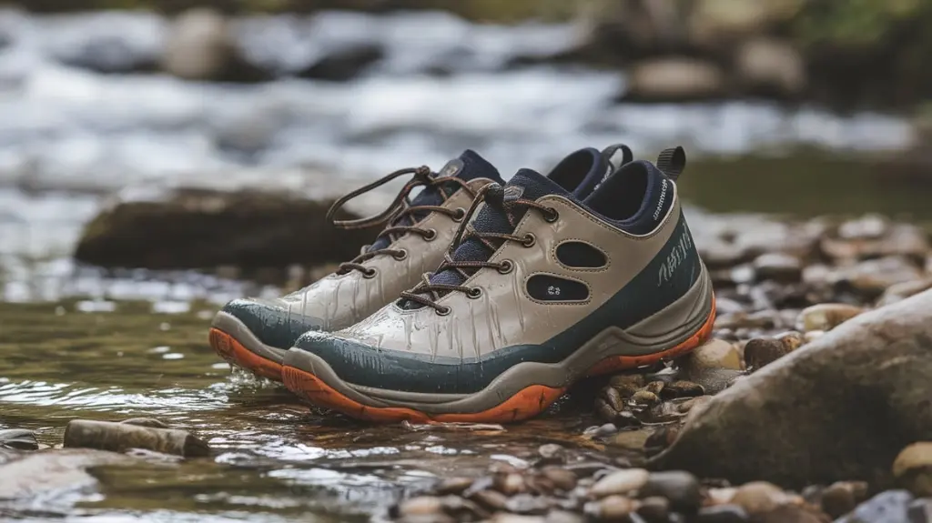 Close-up of women's white water rafting shoes on a rocky riverbank with water flowing in the background.