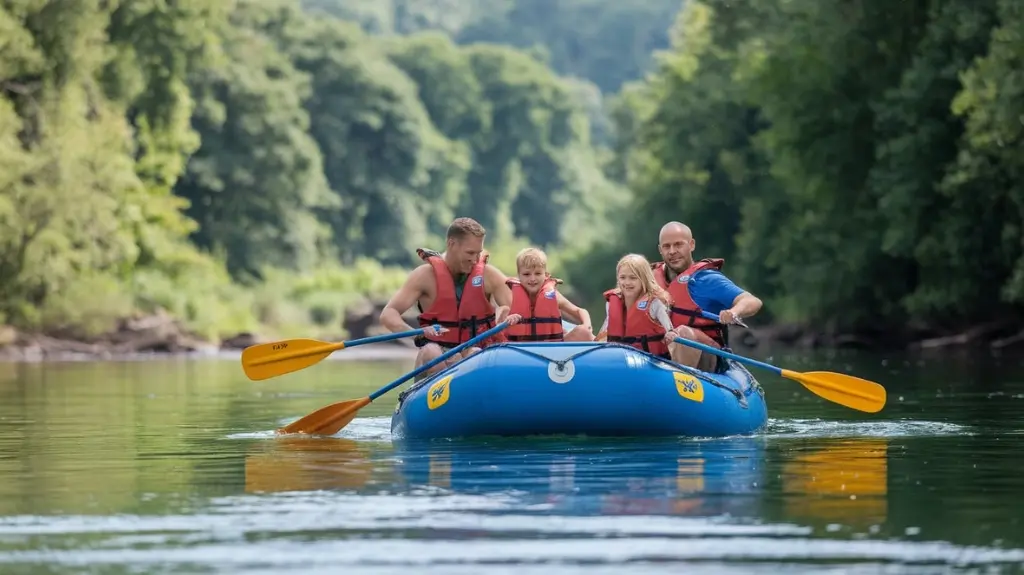 Group of beginner rafters on a calm river section in Colorado, ideal for first-time rafters.