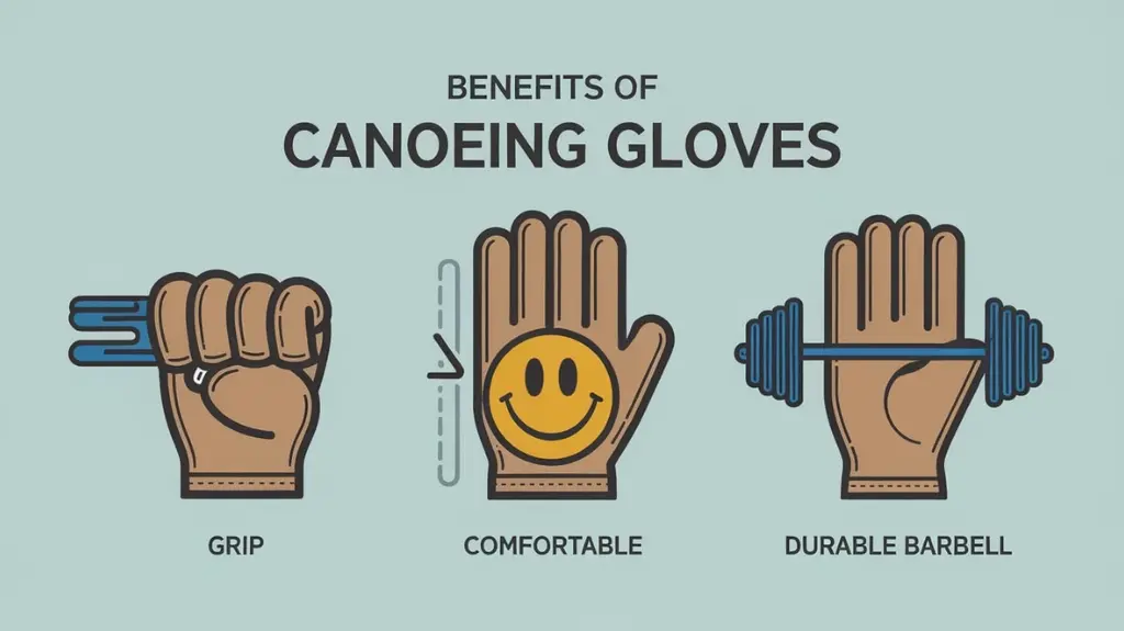 Infographic showcasing the benefits of canoeing gloves, highlighting features like grip, comfort, and protection for rafters.