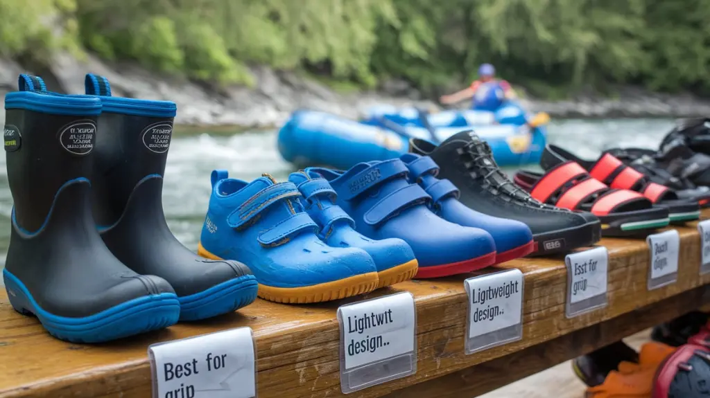 Various rafting footwear options with descriptions of their features displayed near a river.