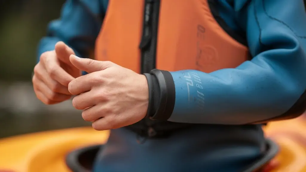 Close-up of a drysuit for kayaking and rafting showing waterproof zippers, wrist seals, and reinforced fabric.