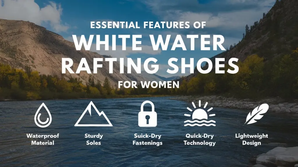 Infographic showing essential features of women's white water rafting shoes, such as waterproof material and sturdy soles.