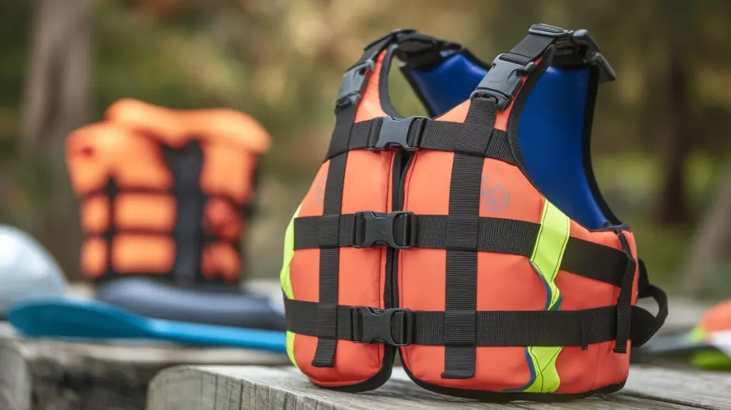 Close-up of a whitewater rafting PFD highlighting essential features like adjustable straps and high visibility.