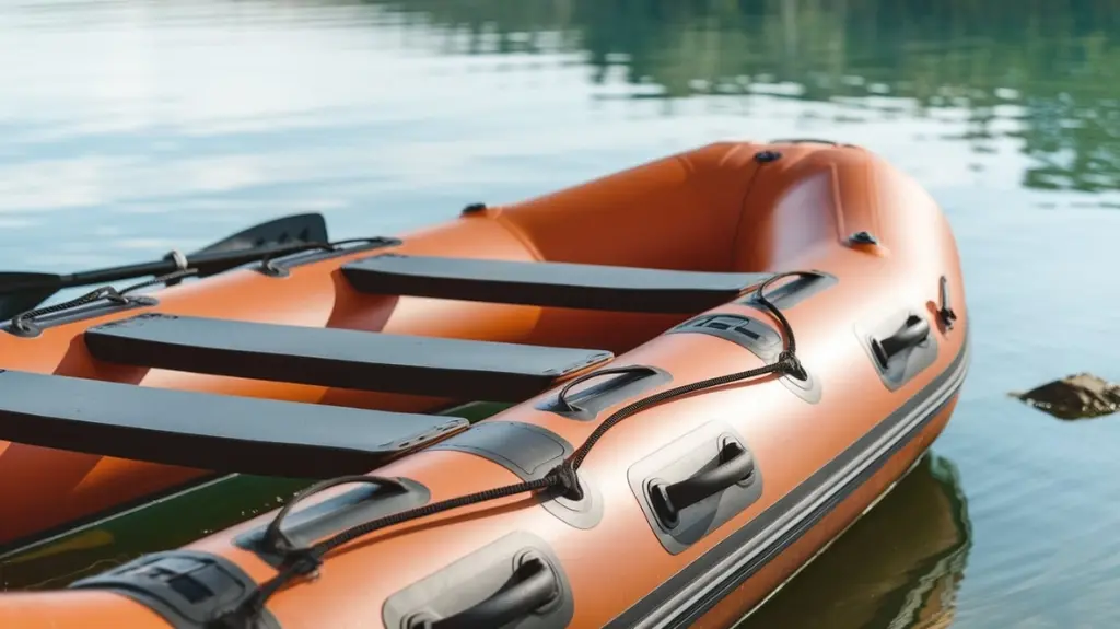 Close-up of a 4 man inflatable boat highlighting key features such as seams, handles, and seating.