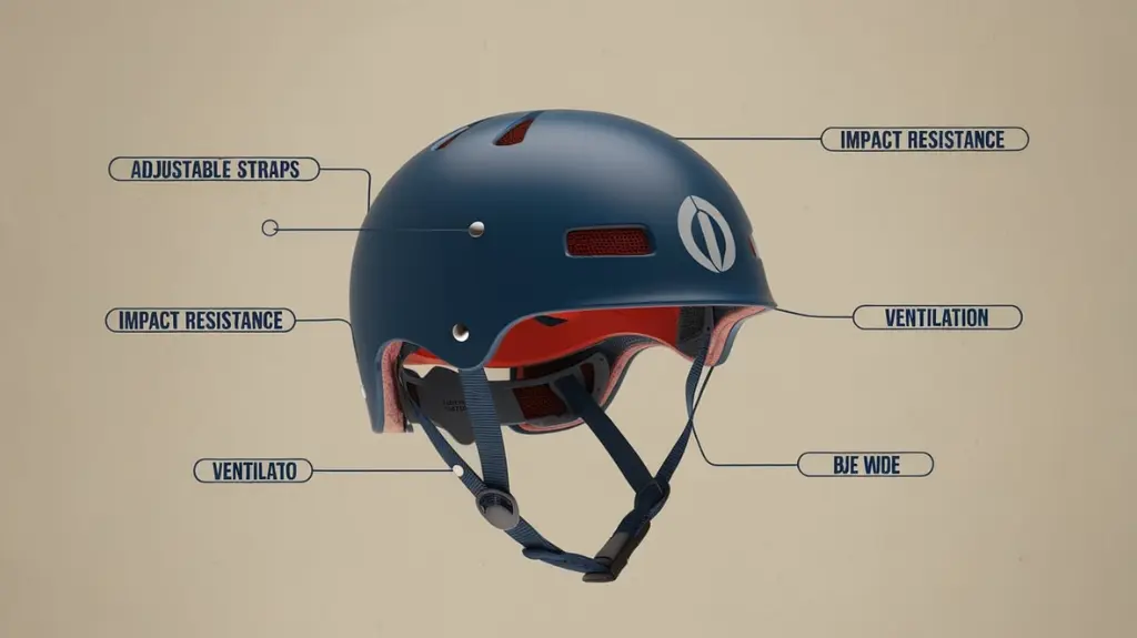 Infographic detailing key features of a quality rafting helmet, including adjustable straps and impact resistance.