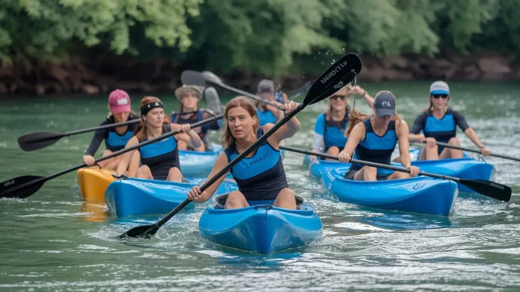 Rafting guide teaching basic paddling techniques to beginners on a calm river.