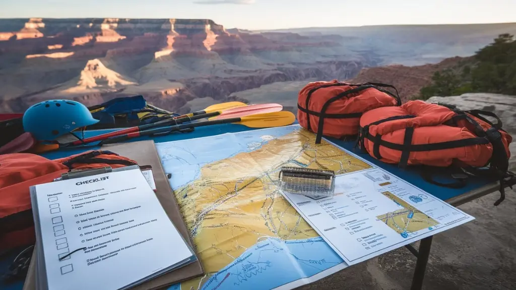 Planning materials for a Grand Canyon rafting expedition, including maps and gear, set against the backdrop of the canyon.