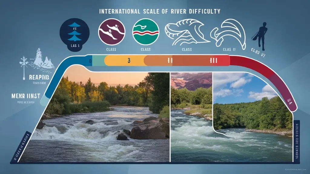 Infographic depicting the International Scale of River Difficulty for white water rafting, showing various river classifications.