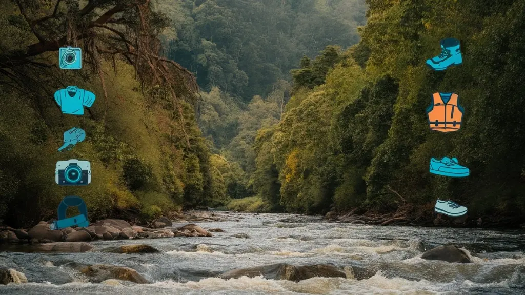 Checklist of essentials for a Kaituna River rafting trip, including waterproof camera, layers, safety gear, and water shoes.