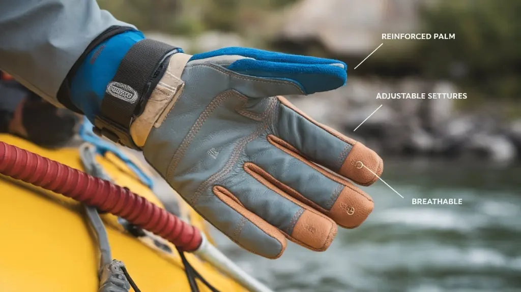 Close-up of a rafting glove highlighting essential features like reinforced palms, adjustable straps, and breathable materials.