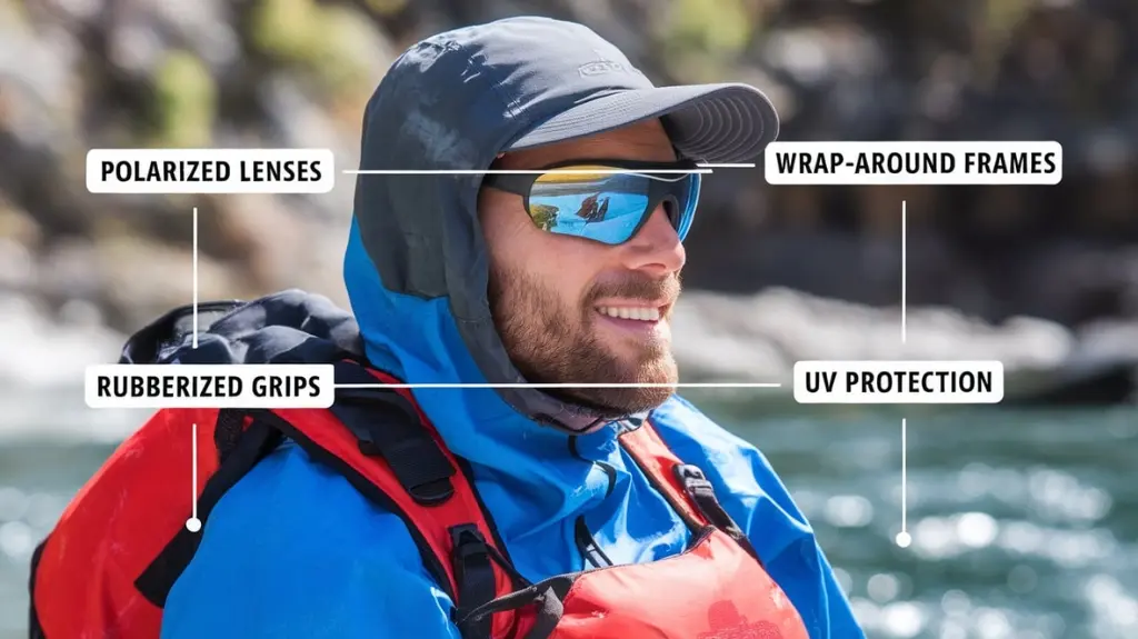 Close-up of rafting sunglasses with key features like polarized lenses and UV protection labeled for reference.