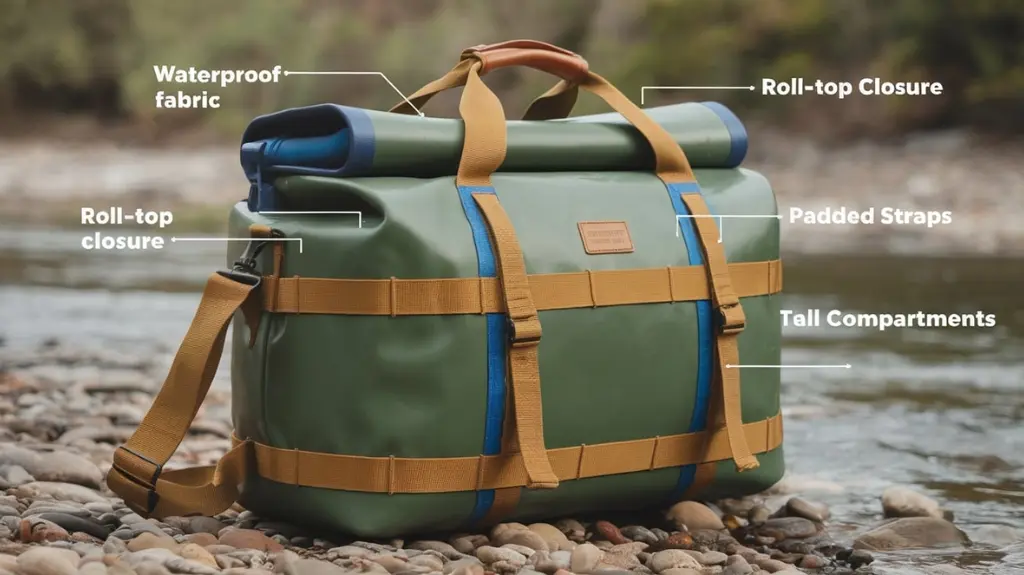 Close-up of a waterproof rafting bag with labeled key features, including roll-top closure, waterproof fabric, and padded straps.