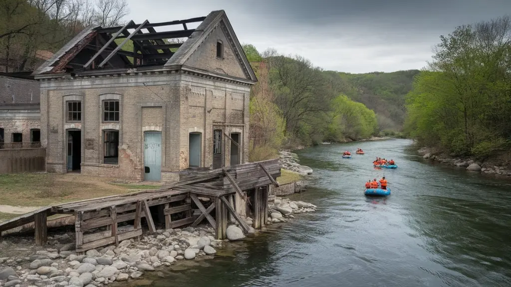 Historical and modern scene of the Ocoee River, showing the transition from powerhouse to a popular whitewater rafting destination.