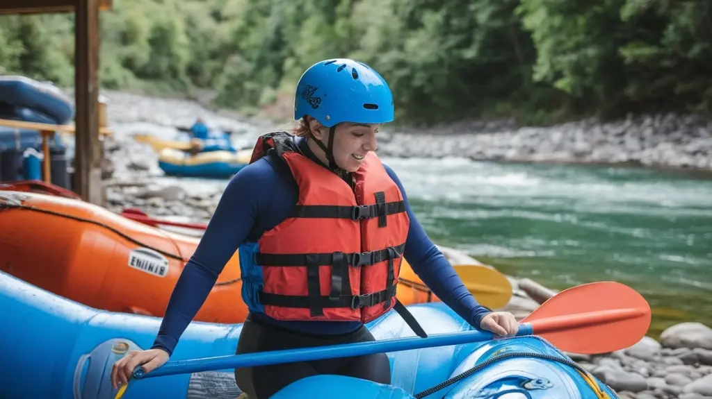 Rafter preparing for Ocoee River adventure with life jacket and paddle