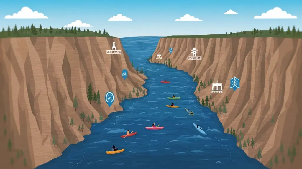 Map showing the prime flat water kayaking locations in the New River Gorge, including calm stretches and scenic spots.