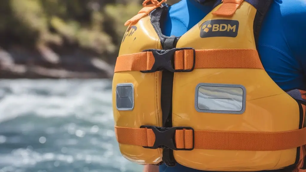 Close-up of rafting PFD showing essential safety features like straps, bright colors, and reflective patches.