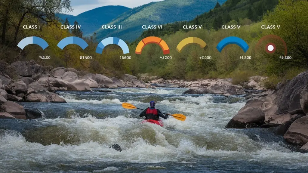 Infographic of river classifications from Class I to Class V, highlighting difficulty levels for rafters.