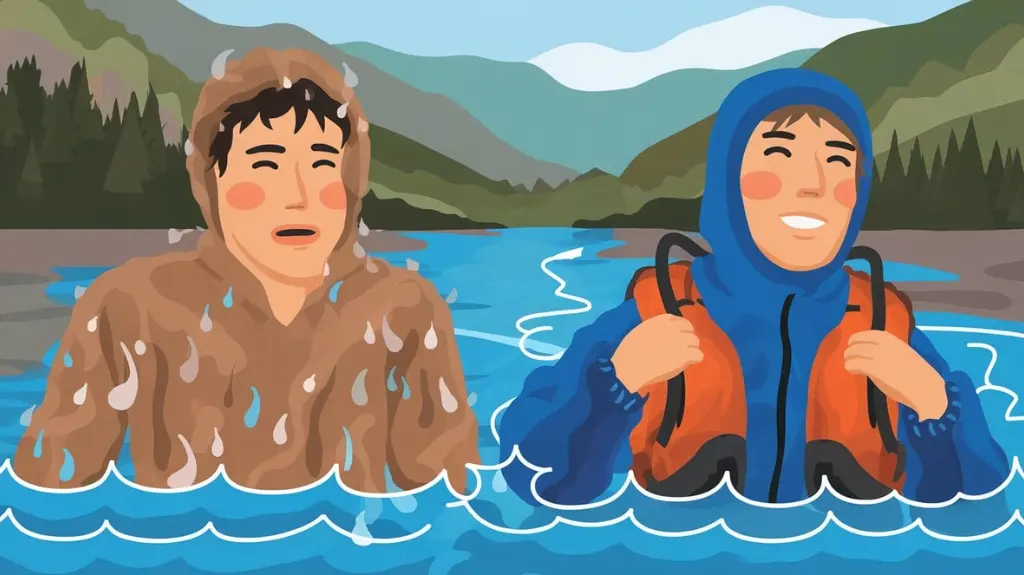 Illustration highlighting the dangers of wearing cotton while river rafting versus suitable quick-dry clothing.