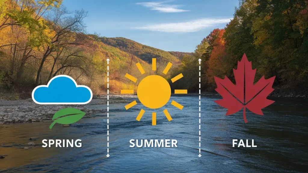 Infographic showing the best seasons for river rafting in Tennessee, with weather conditions and seasonal tips