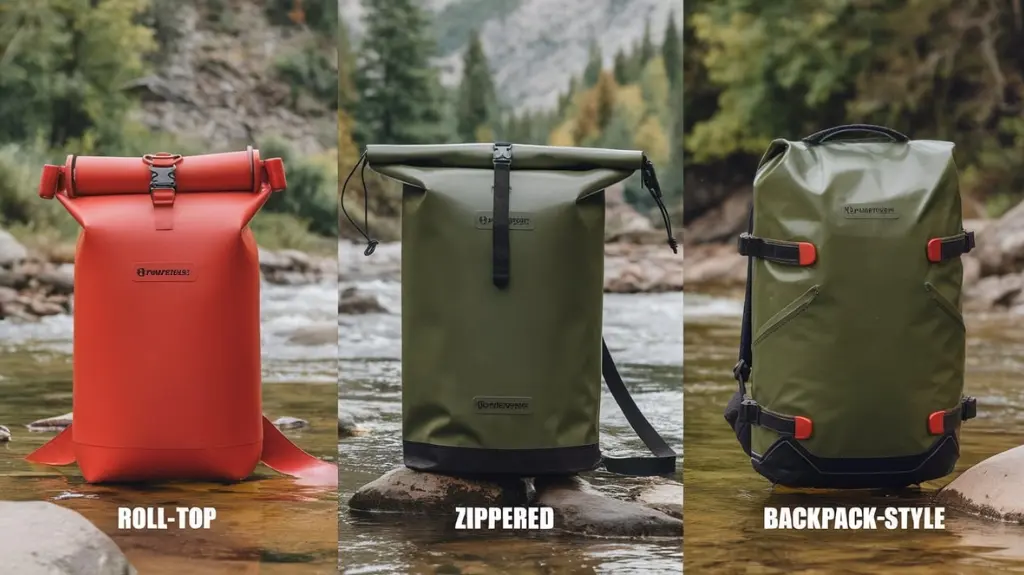 Comparison of various dry bag styles for rafting, including roll-top, zippered, and backpack-style bags.