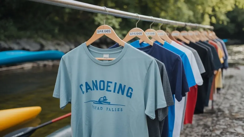 Display of top canoeing t-shirts for 2025, highlighting different brands and key features near a riverbank.