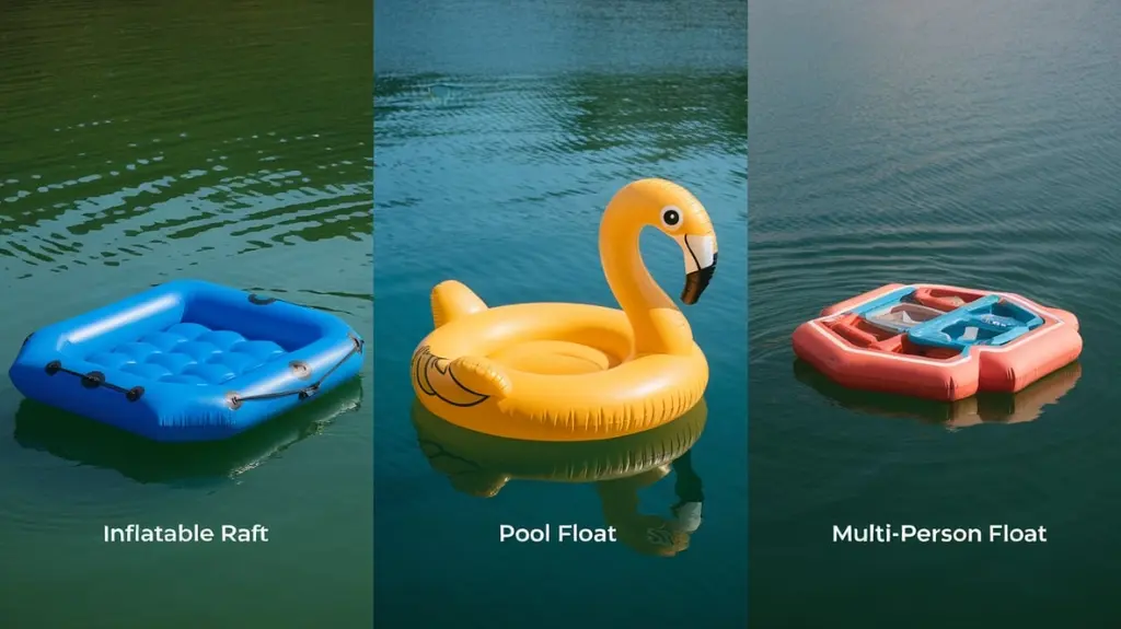 Infographic showing various types of family floats, including inflatable rafts and multi-person floats.