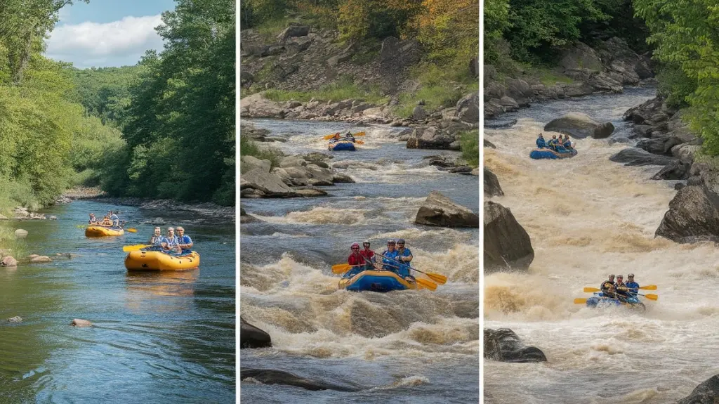 Collage of various whitewater rafting experiences in the Poconos, from family-friendly calm waters to challenging wild rapids.