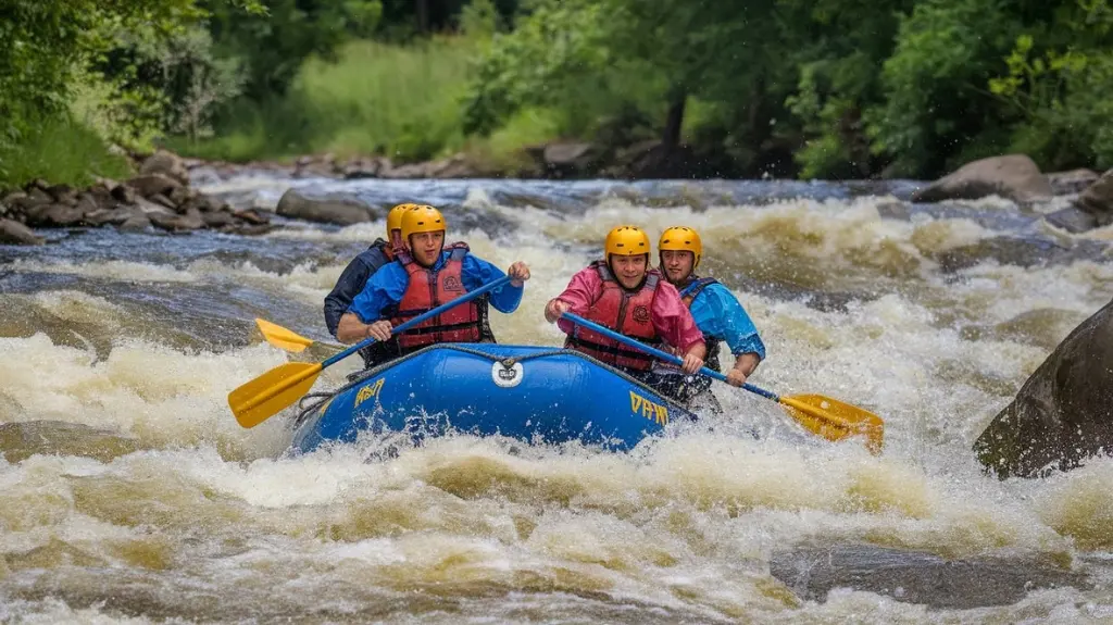 Rafters navigating Class III and IV rapids on the Upper Pigeon River in Gatlinburg’s white water rafting area.