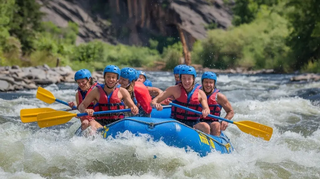 Rafters navigating class III rapids on the Upper Pigeon River, showcasing the excitement and adventure of river rafting.