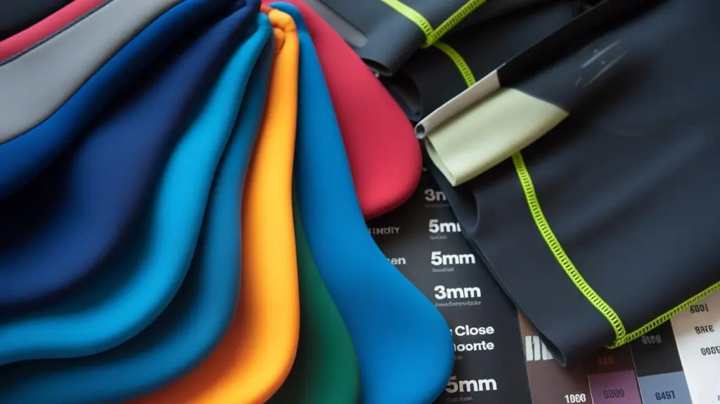 Visual guide showing different types and thicknesses of neoprene materials used in rafting wetsuits.