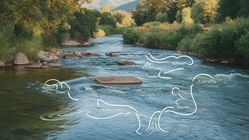 River with highlighted water features like eddies and waves, teaching rafters how to read river dynamics.