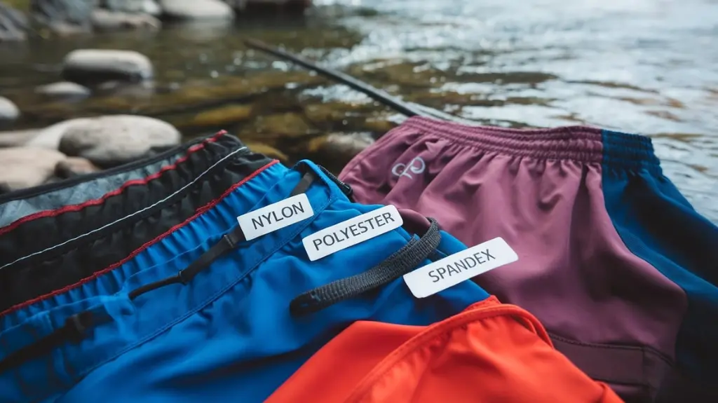 Close-up of fabric swatches used in rafting shorts, including nylon, polyester, and spandex, displayed near a riverbank.