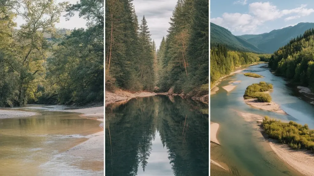 Collage of best rivers for family float trips, featuring sandy banks, forests, and mountain views.