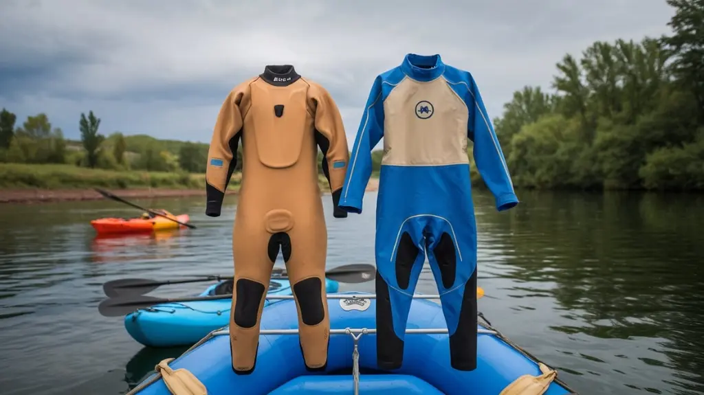 Comparison of different drysuits for kayaking and rafting, focusing on movement and comfort for water sports.