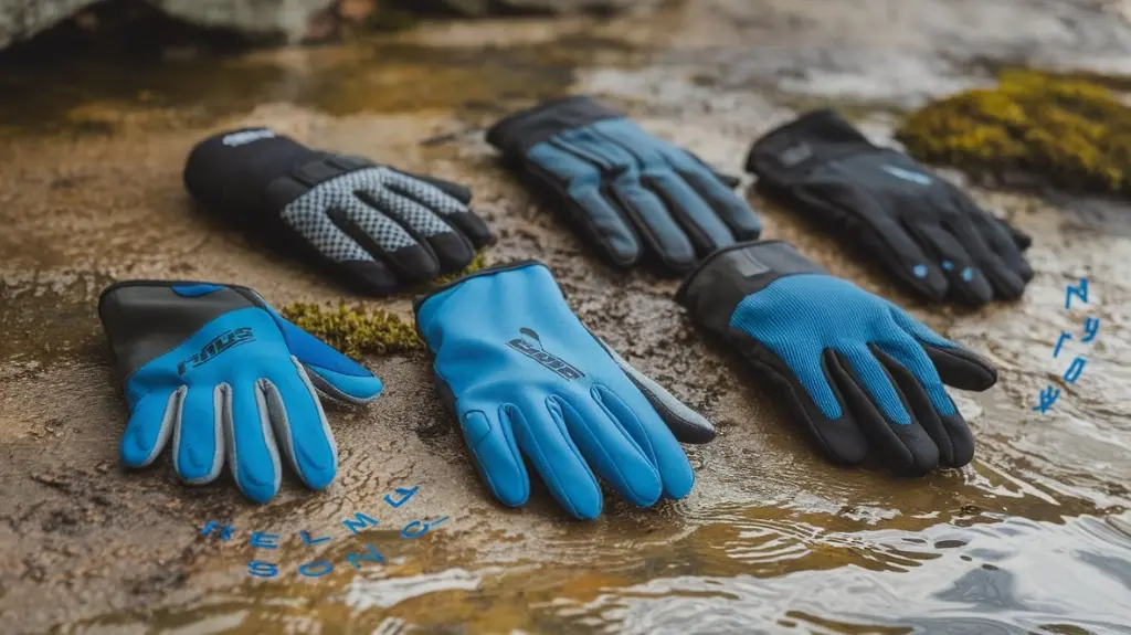 Display of various canoeing gloves with labels highlighting their features and uses for rafting adventures.