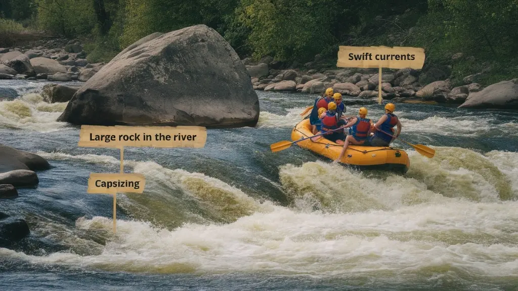 Illustration of common dangers in whitewater rafting, including rocks and capsizing hazards.