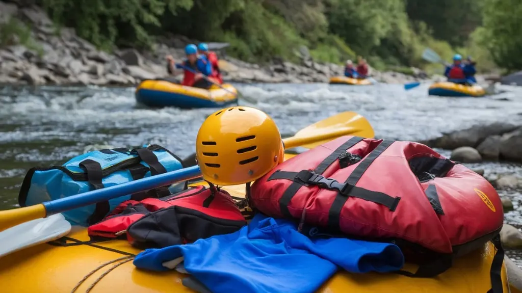 Layout of essential river rafting gear and clothing, including helmet, life jacket, and paddle, with a river background