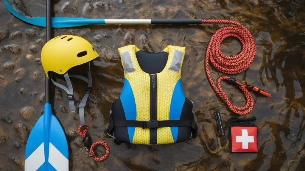 Flat lay of essential safety gear for rafting, including helmets and life jackets, highlighting river safety equipment.